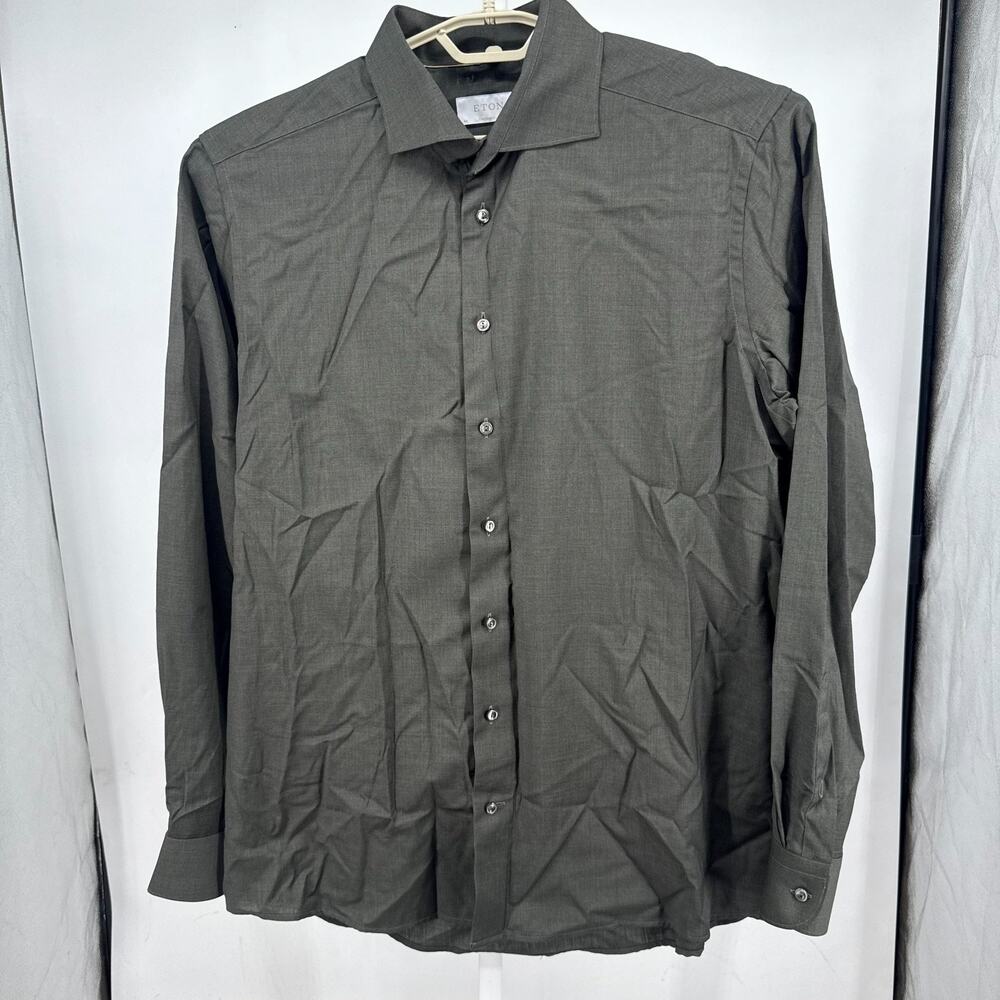Eton Dress Shirt Mens 44 17.5 Olive Green Contemporary Fit 100% Wool Preppy NWOT